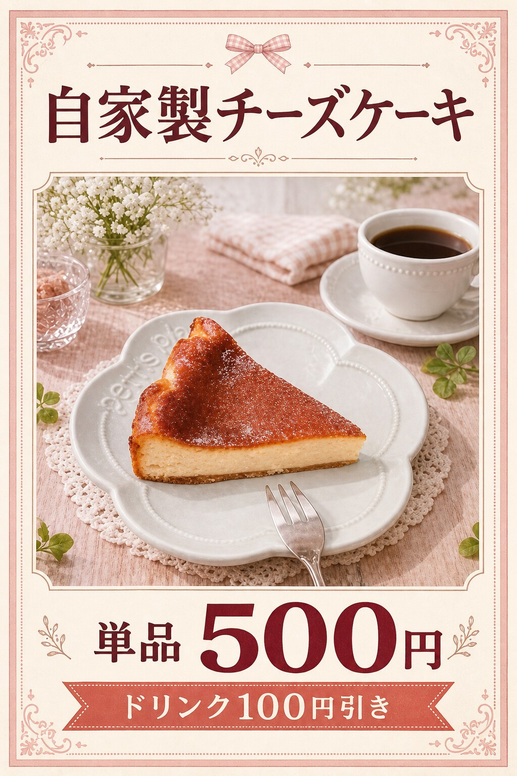 自家製チーズケーキのメニュー。単品500円、ドリンクとセットで100円引き