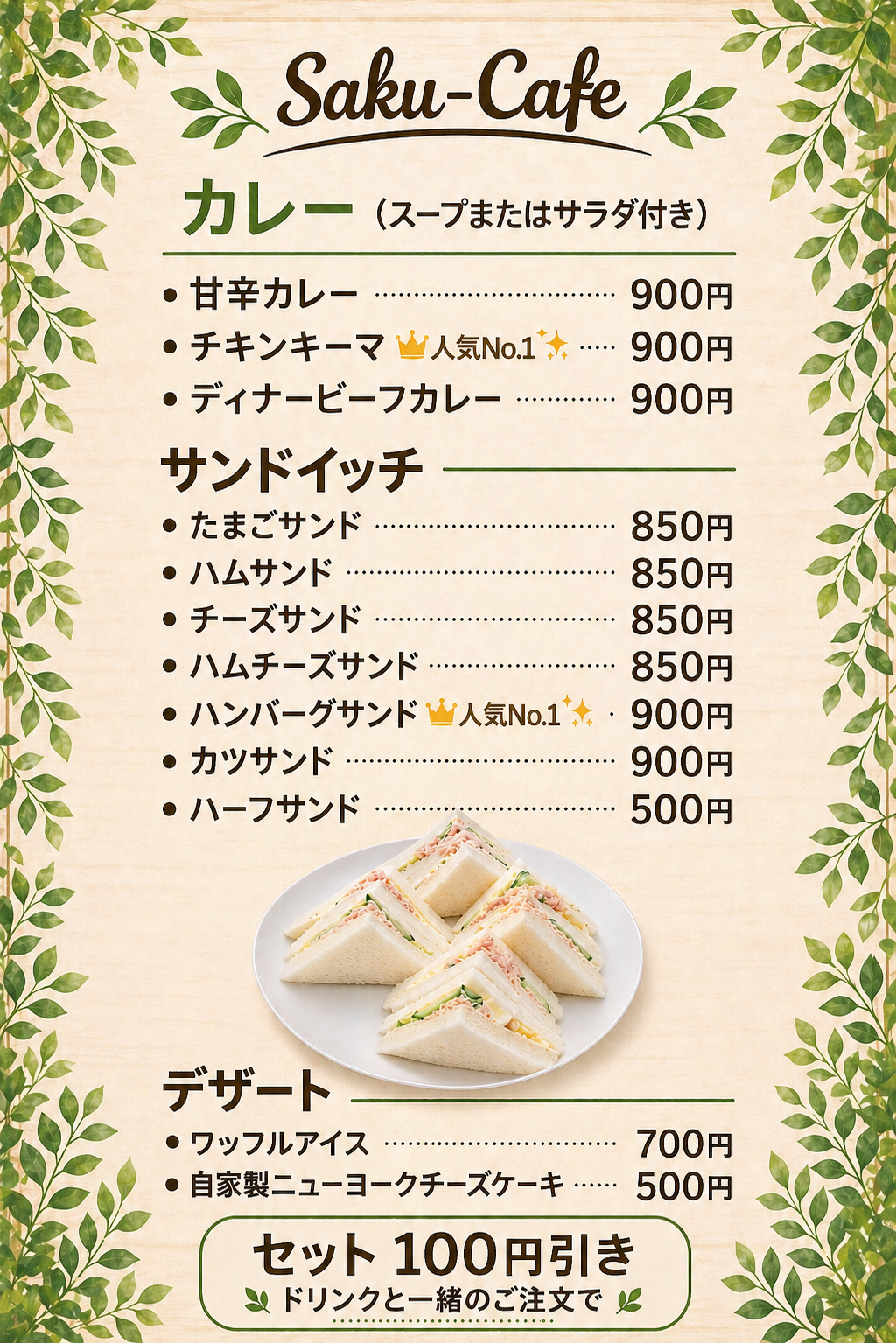 カレー、サンドイッチ、デザートのメニュー